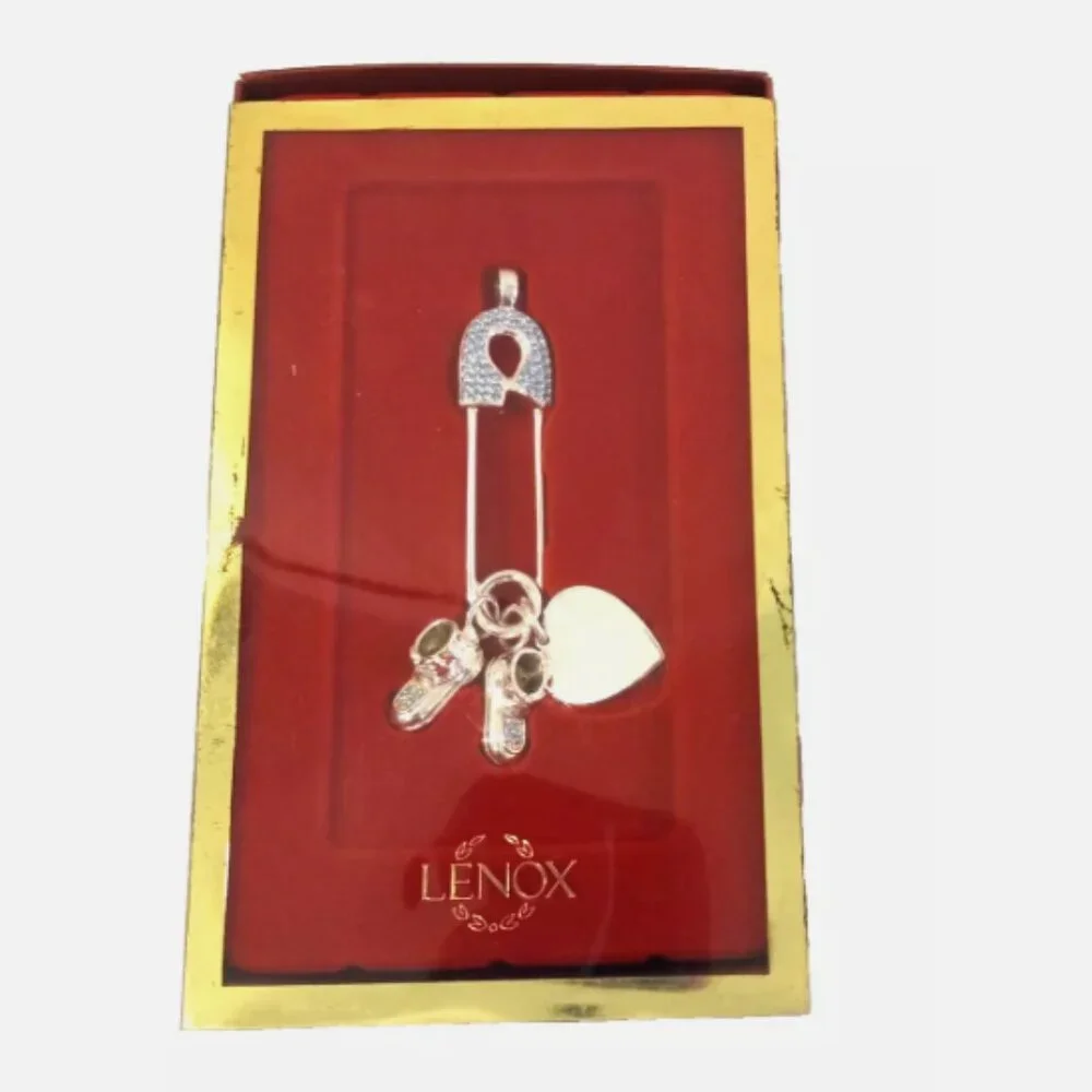 Lenox Baby Boy Diaper Pin Ornament Silverplate Booties Heart Crystals IOB